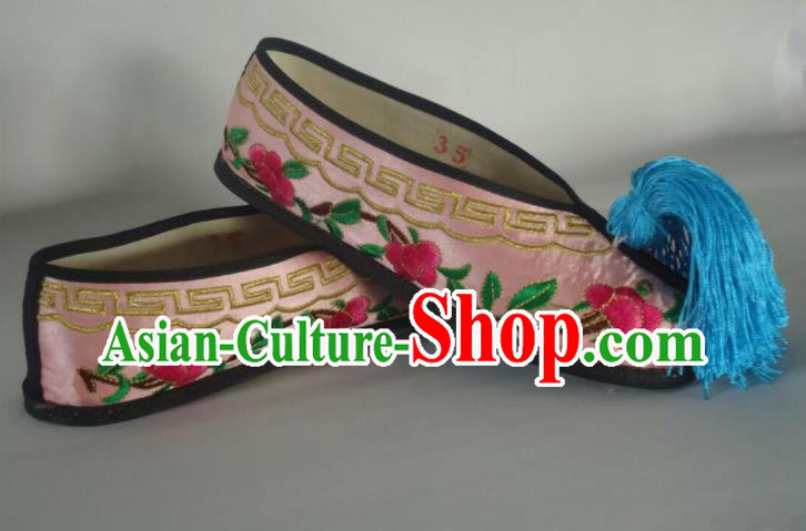 China Peking Opera Diva Embroidered Shoes Opera Actress Pink Satin Shoes Traditional Peking Opera Hua Tan Shoes