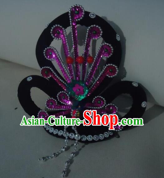 Chinese Opera Noble Lady Headpieces Traditional Beijing Opera Diva Headdress Peking Opera Hua Tan Wigs and Purple Phoenix Hair Accessories