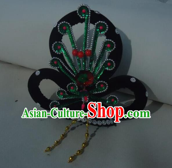 Chinese Peking Opera Hua Tan Wigs and Green Phoenix Hair Accessories Opera Noble Lady Headpieces Traditional Beijing Opera Diva Headdress