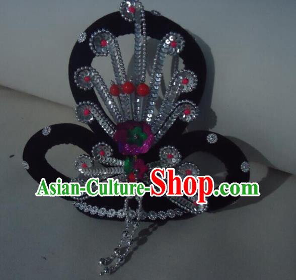 Chinese Peking Opera Hua Tan Wigs and Argent Phoenix Headpieces Traditional Beijing Opera Actress Headdress Opera Noble Lady Hair Accessories