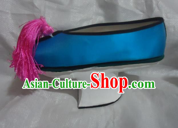 China Peking Opera Diva Blue Satin Shoes Qing Dynasty Princess Shoes Traditional Peking Opera Hua Tan Shoes