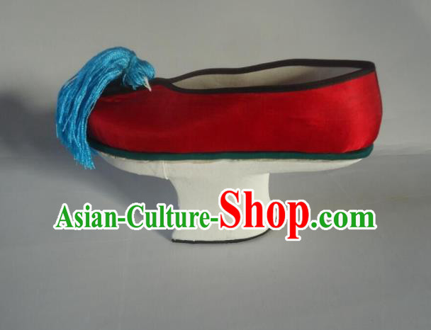China Qing Dynasty Imperial Consort Shoes Traditional Peking Opera Diva Shoes Peking Opera Actress Red Satin Shoes