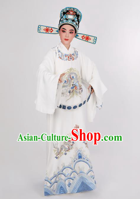 Chinese Beijing Opera Xiaosheng Uniforms Yue Opera Niche Clothing Traditional Opera Scholar Embroidered White Robe Costume