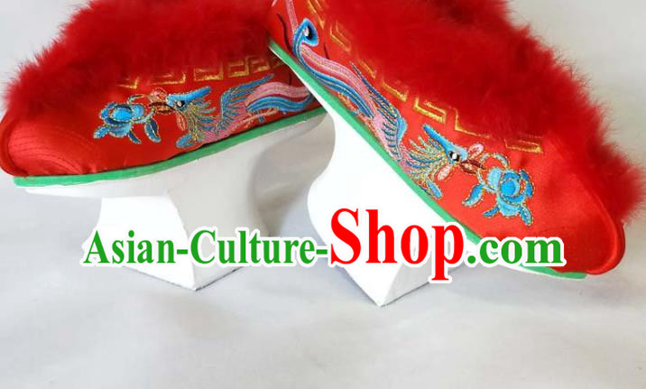 China Qing Dynasty Imperial Consort Shoes Traditional Peking Opera Diva Red Satin Shoes Beijing Opera Hua Tan Embroidered Shoes