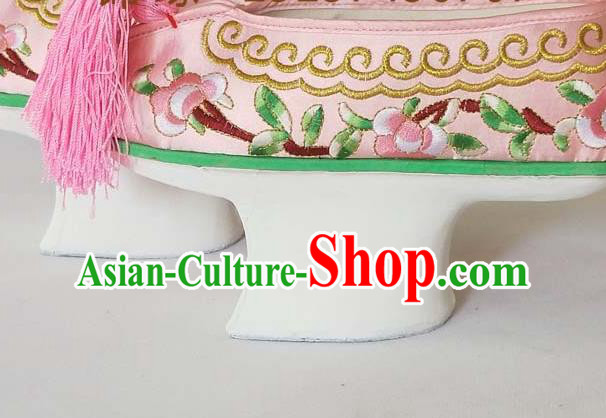 China Traditional Peking Opera Actress Shoes Beijing Opera Hua Tan Pink Embroidered Shoes Qing Dynasty Princess Satin Shoes