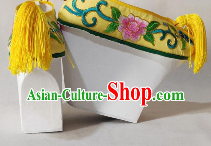 China Traditional Peking Opera Actress Shoes Beijing Opera Hua Tan Embroidered Shoes Qing Dynasty Princess Yellow Satin Shoes