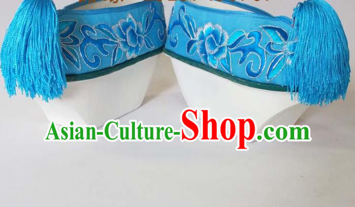 China Beijing Opera Hua Tan Embroidered Shoes Qing Dynasty Princess Blue Satin Shoes Traditional Peking Opera Actress Shoes
