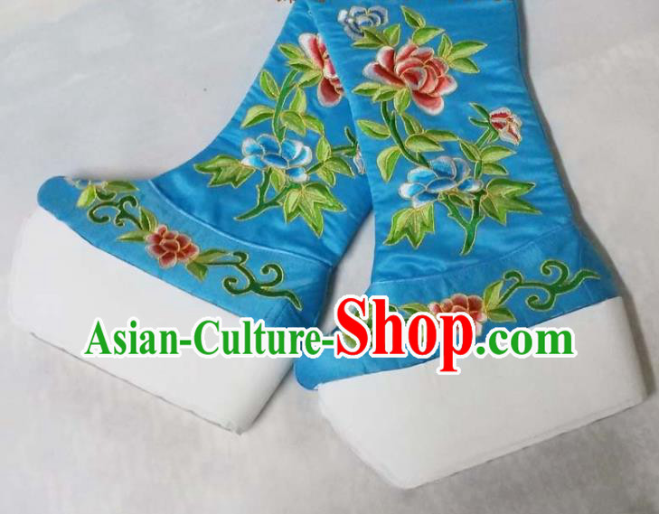 China Traditional Peking Opera Shoes Beijing Opera Embroidered Peony Shoes Sichuan Opera Female General Blue Satin Boots