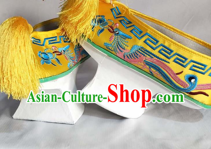 China Traditional Peking Opera Diva Shoes Beijing Opera Hua Tan Embroidered Phoenix Shoes Qing Dynasty Empress Yellow Satin Shoes