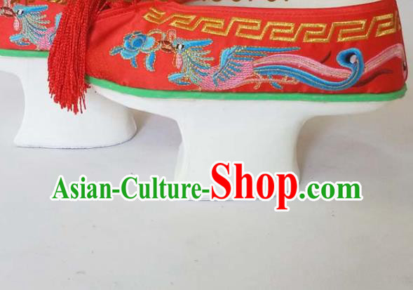China Qing Dynasty Empress Red Satin Shoes Traditional Peking Opera Diva Shoes Beijing Opera Hua Tan Embroidered Phoenix Shoes