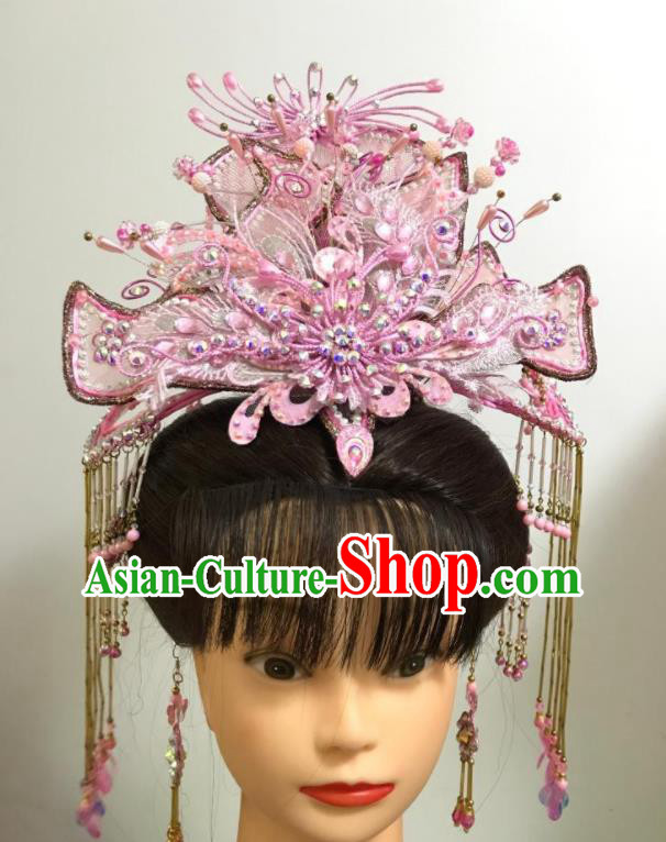 Chinese Gezi Opera Fairy Hair Accessories Peking Opera Hua Tan Pink Hair Crown Traditional Beijing Opera Actress Headdress