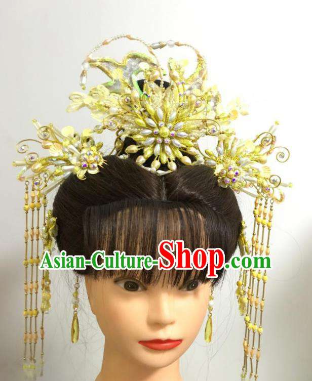 Chinese Traditional Beijing Opera Actress Headdress Gezi Opera Fairy Hair Accessories Peking Opera Hua Tan Golden Tassel Hair Crown