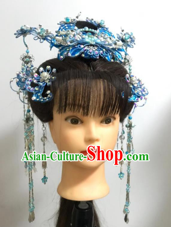 Chinese Traditional Beijing Opera Hua Tan Headdress Gezi Opera Princess Hair Accessories Peking Opera Diva Blue Hair Crown Complete Set