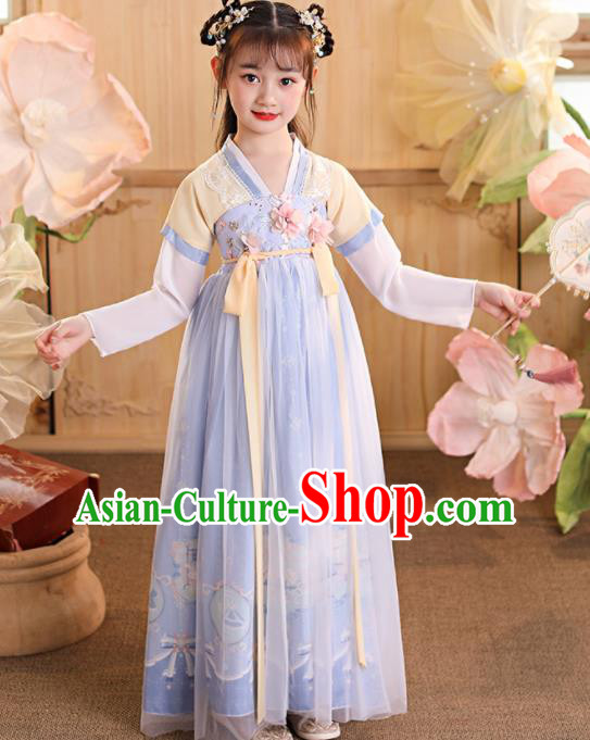 China Children Dance Blue Hanfu Dress Ancient Girls Fairy Fashion Costumes Traditional Tang Dynasty Kid Clothing
