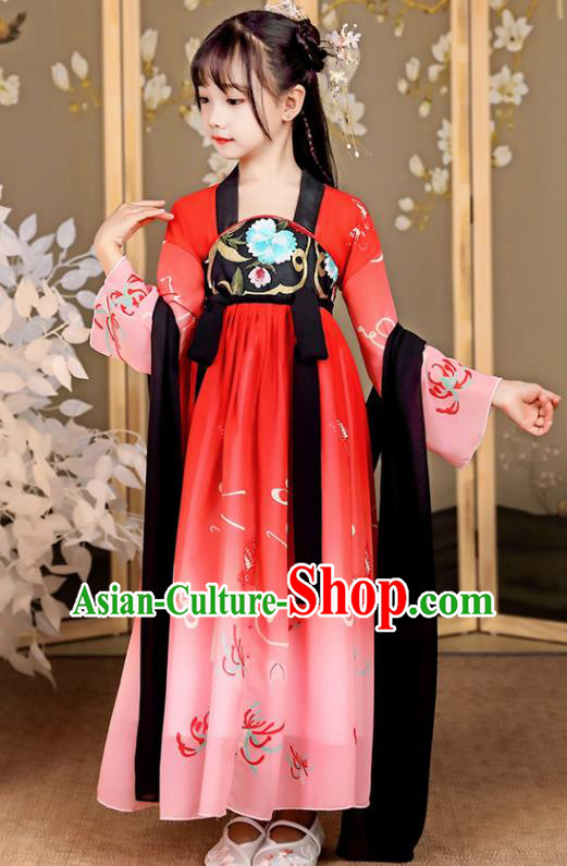 China Tang Dynasty Girl Princess Clothing Children Stage Show Garment Costumes Traditional Red Hanfu Dress