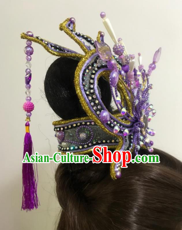 China Fujian Gezi Opera Prince Headwear Traditional Peking Opera Scholar Headpiece Beijing Opera Xiaosheng Purple Hair Crown