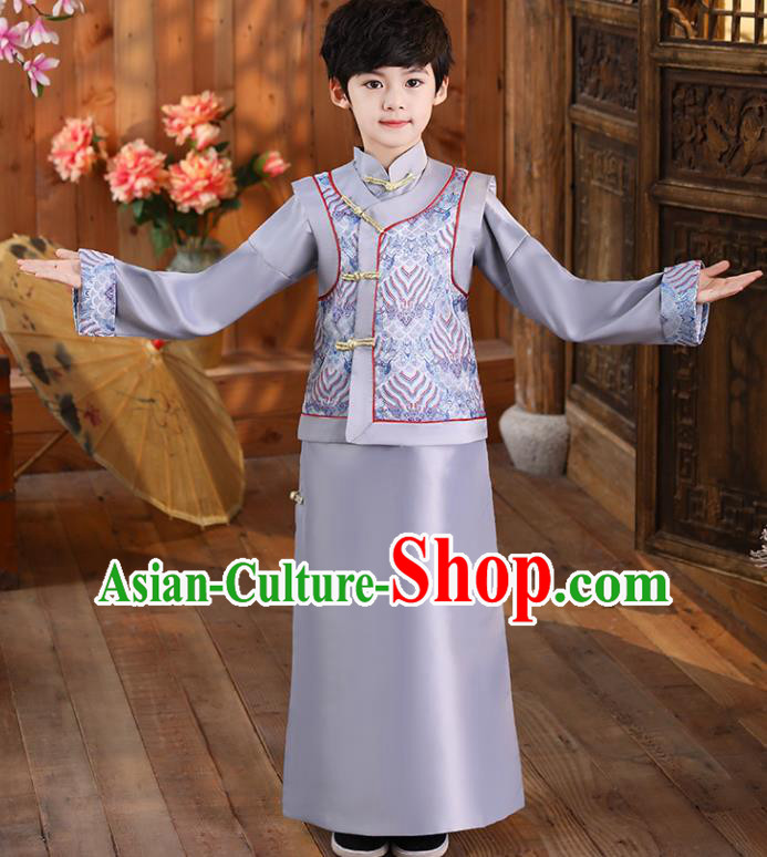 Chinese Traditional Stage Performance Costume Ancient Kid Childe Uniforms Qing Dynasty Boys Clothing