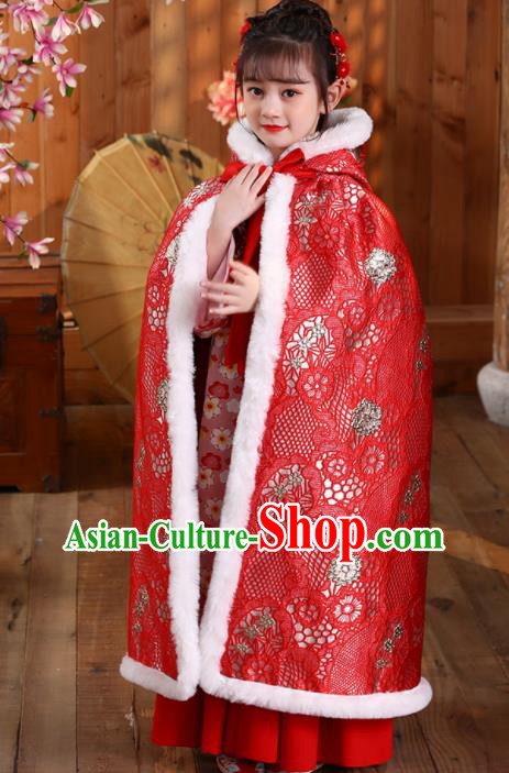 China Ming Dynasty Children Princess Clothing Girl Stage Show Cloak Costume Traditional Winter Red Hanfu Cape