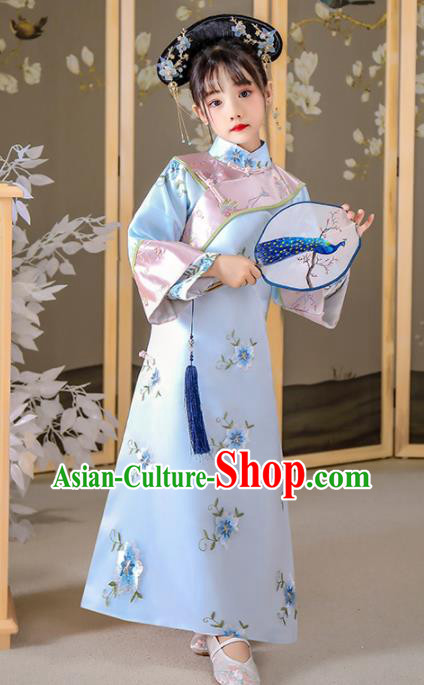 China Ancient Children Costumes Traditional Stage Show Blue Qipao Dress Qing Dynasty Girl Princess Clothing