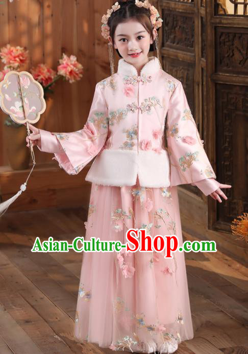China Traditional New Year Pink Hanfu Dress Ming Dynasty Girl Clothing Children Stage Show Tang Suits