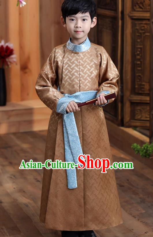 Chinese Qing Dynasty Kid Prince Clothing Traditional Stage Performance Costume Ancient Boys Childe Brown Robe
