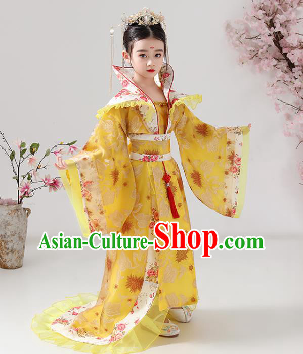 China Traditional Stage Show Queen Yellow Hanfu Dress Tang Dynasty Girl Empress Clothing Ancient Children Costumes
