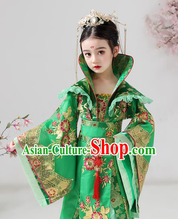 China Ancient Children Costumes Traditional Stage Show Queen Green Hanfu Dress Tang Dynasty Girl Empress Clothing