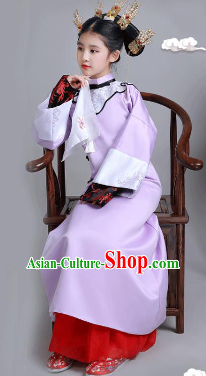 China Qing Dynasty Children Princess Clothing Ancient Imperial Consort Garment Costume Traditional Stage Show Girl Purple Qipao Dress