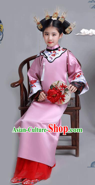 China Traditional Stage Show Girl Rosy Qipao Dress Qing Dynasty Children Princess Clothing Ancient Imperial Consort Garment Costume