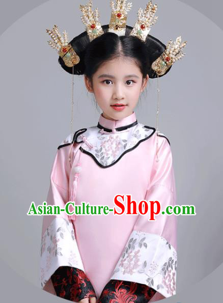 China Ancient Children Princess Garment Costume Traditional Stage Show Girl Pink Qipao Dress Qing Dynasty Imperial Consort Clothing