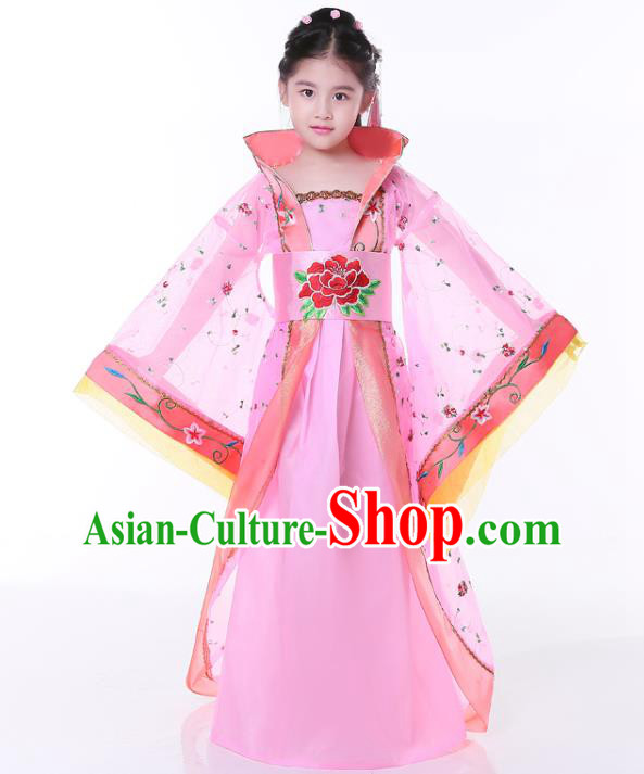 China Ancient Girl Fairy Garment Costume Traditional Children Pink Hanfu Dress Tang Dynasty Imperial Consort Clothing