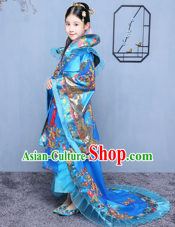 China Tang Dynasty Empress Clothing Ancient Girl Princess Garment Costume Traditional Court Children Blue Hanfu Dress