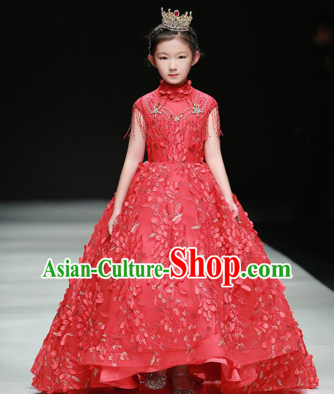 Professional Children Piano Performance Formal Clothing Stage Show Garment Costume Girl Catwalks Red Full Dress
