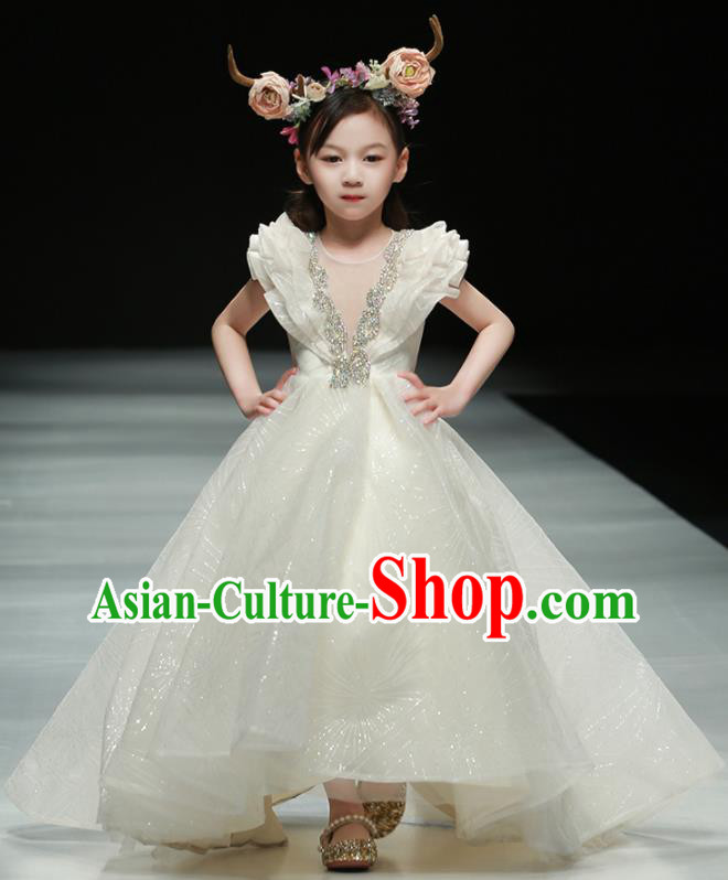 Professional Girl Catwalks White Full Dress Children Piano Performance Formal Clothing Stage Show Fashion Costume