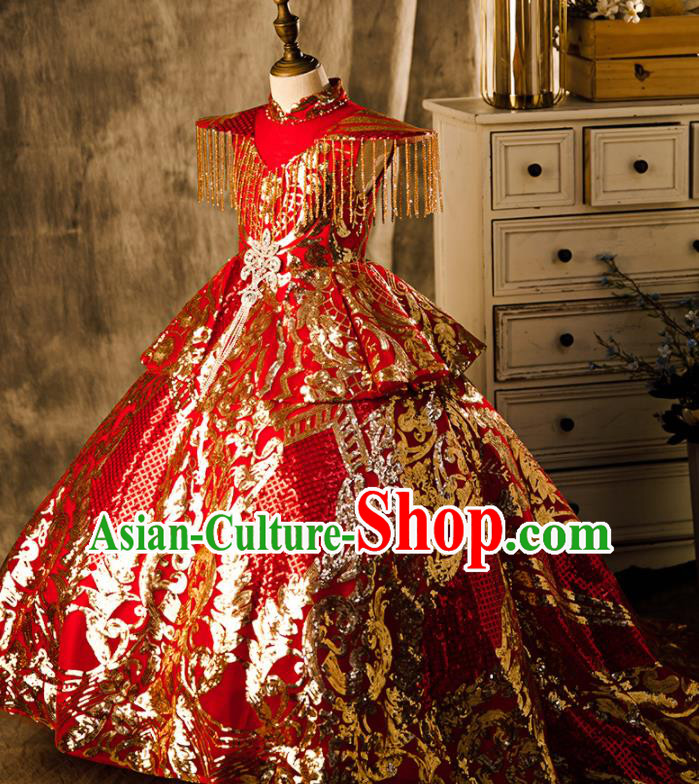 Professional Baroque Catwalks Red Trailing Full Dress Children Performance Formal Clothing Girl Stage Show Fashion Costume