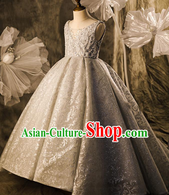 Professional Flower Girl Stage Show Fashion Clothing Catwalks Grey Trailing Full Dress Children Piano Performance Formal Costume