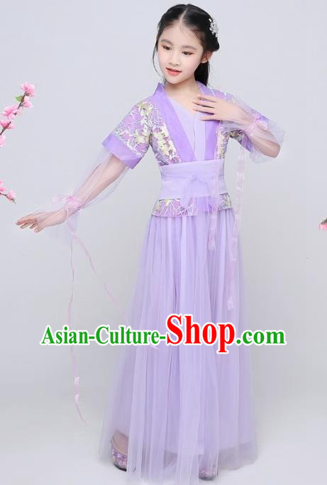 China Ming Dynasty Swordswoman Clothing Ancient Children Garment Costume Traditional Girl Dance Purple Hanfu Dress