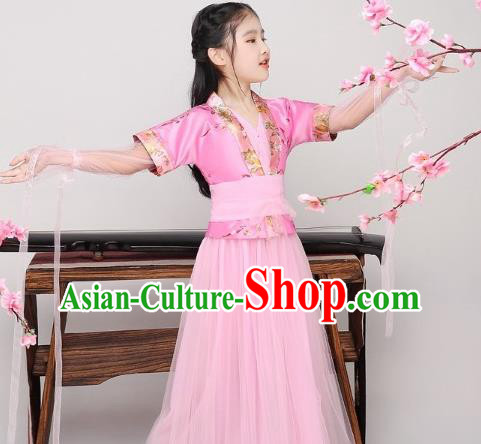 China Traditional Girl Dance Pink Hanfu Dress Ming Dynasty Swordswoman Clothing Ancient Children Garment Costume