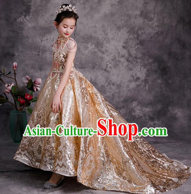 Professional Catwalks Golden Trailing Evening Dress Children Performance Formal Costume Girl Compere Garment Baroque Stage Show Fashion Clothing