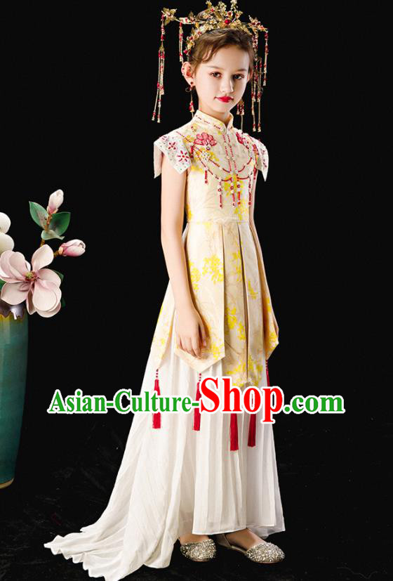 Chinese National Girl Clothing Children Catwalks Beige Dress Uniforms Traditional Stage Performance Costume