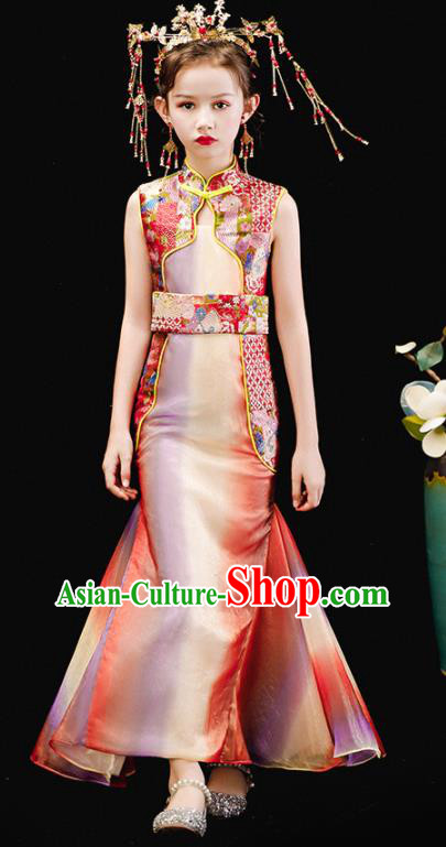 Chinese Traditional Stage Performance Costume National Girl Clothing Children Catwalks Red Fishtail Dress Uniforms