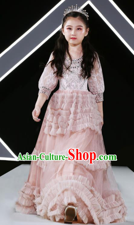 Professional Flower Girl Garment Stage Show Fashion Clothing Catwalks Pink Evening Dress Children Compere Formal Costume
