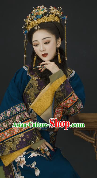China Ancient Imperial Consort Garment Costumes Qing Dynasty Noble Woman Blue Dress Clothing Complete Set
