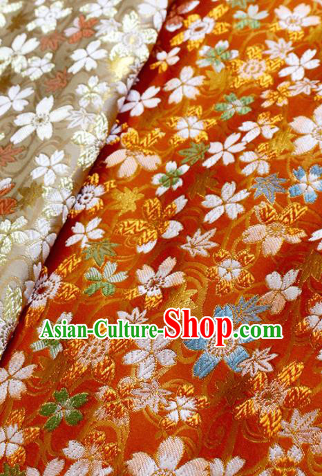 Japanese Nishijin Brocade Traditional Maple Sakura Pattern Orange Satin Drapery Asian Kimono Tapestry Fabric