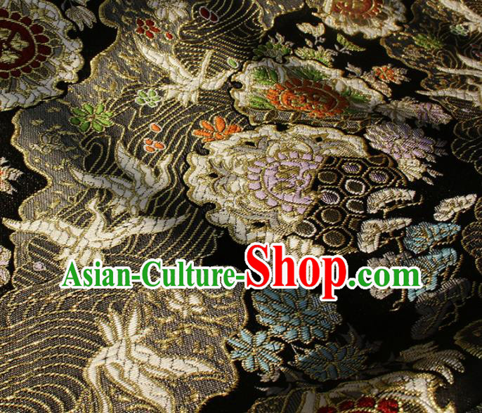 Japanese Kimono Tapestry Fabric Black Nishijin Brocade Asian Traditional Wave Crane Pattern Satin Drapery