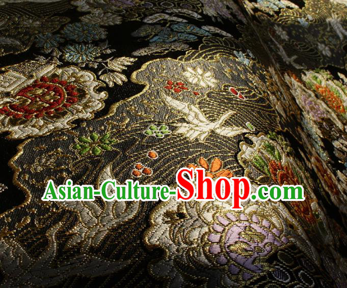 Japanese Kimono Tapestry Fabric Black Nishijin Brocade Asian Traditional Wave Crane Pattern Satin Drapery
