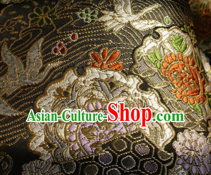 Japanese Kimono Tapestry Fabric Black Nishijin Brocade Asian Traditional Wave Crane Pattern Satin Drapery