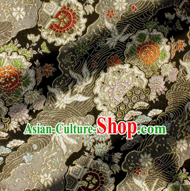 Japanese Kimono Tapestry Fabric Black Nishijin Brocade Asian Traditional Wave Crane Pattern Satin Drapery