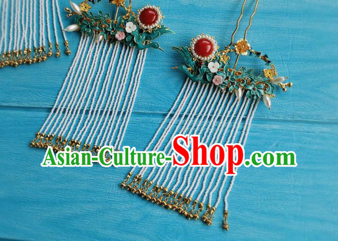 Chinese Ancient Princess Pearls Tassel Hairpin Traditional Wedding Hair Accessories Ming Dynasty Court Lady Cloisonne Hair Stick