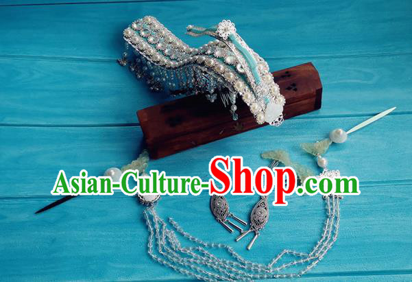 Chinese Qin Dynasty Queen Argent Hair Crown Ancient Empress Jade Hairpins Traditional Hanfu Hair Accessories Complete Set